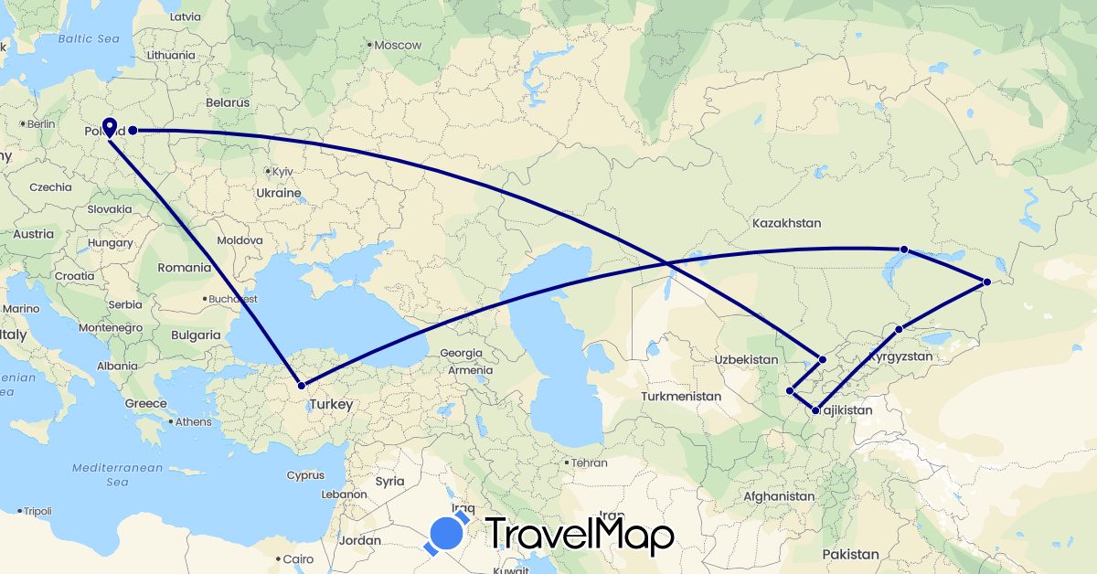 TravelMap itinerary: driving in Kyrgyzstan, Kazakhstan, Poland, Tajikistan, Turkey, Uzbekistan (Asia, Europe)